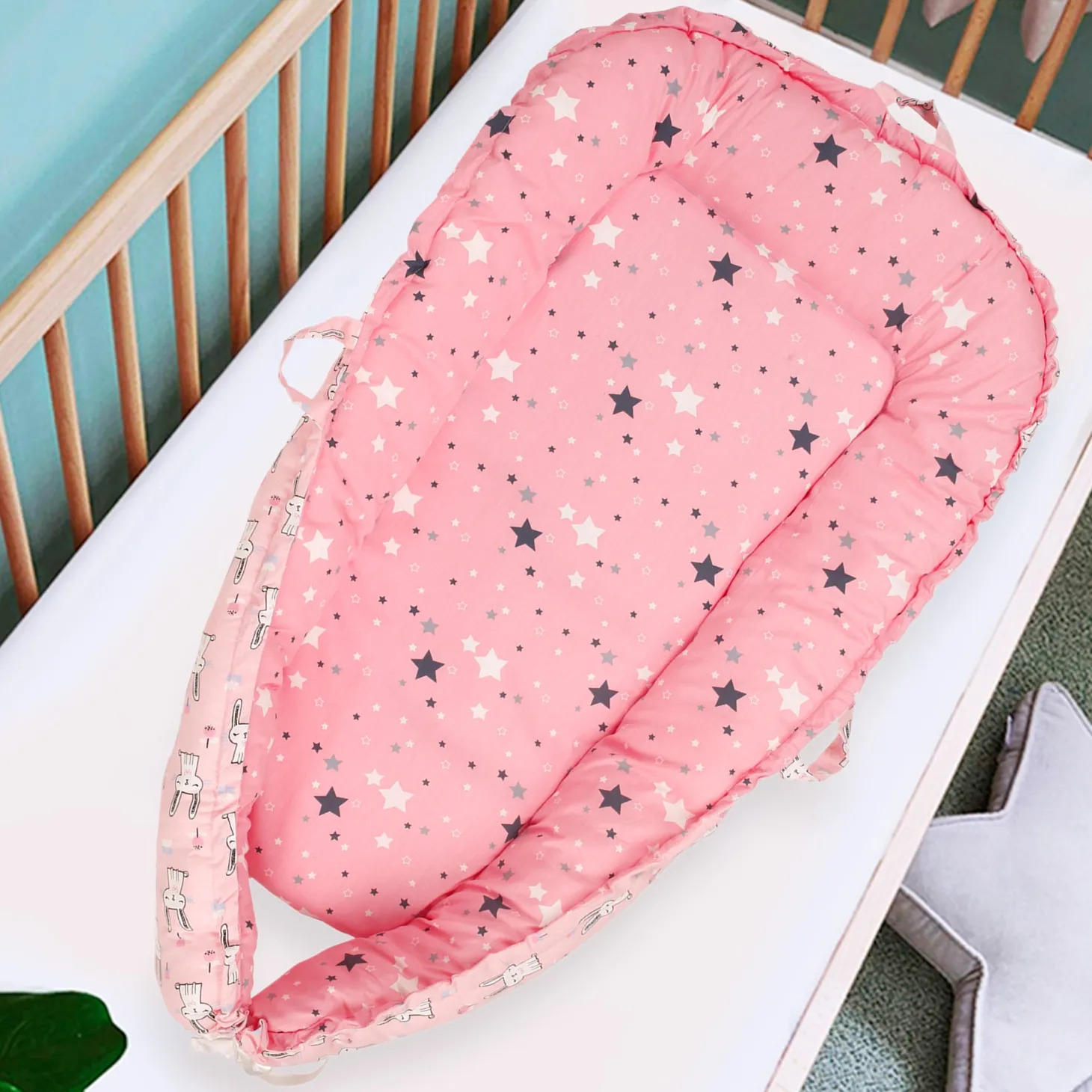 Baby Bed Cum Carry Nest Star And Rabbit Pink
