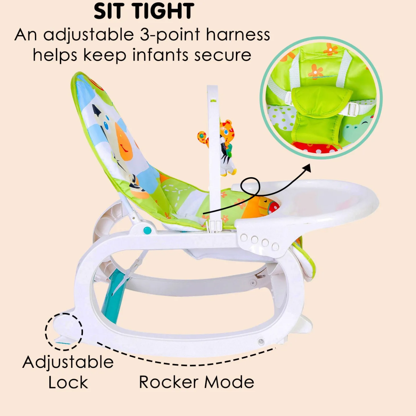 Baby Moo 2 In 1 Rocker Cum Feeding Chair 20 Kg Green
