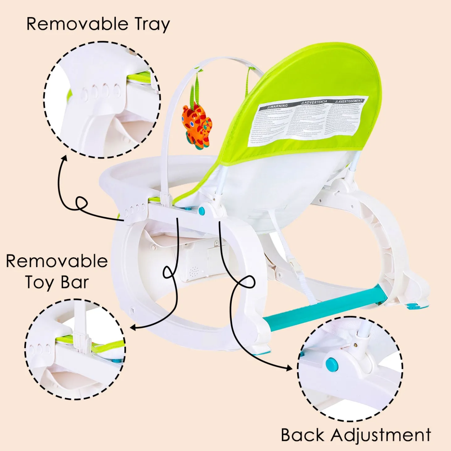Baby Moo 2 In 1 Rocker Cum Feeding Chair 20 Kg Green