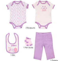 Baby Moo Adorable Gift Set 5 Piece With Bodysuits, Pyjama, Bib And Socks - Purple