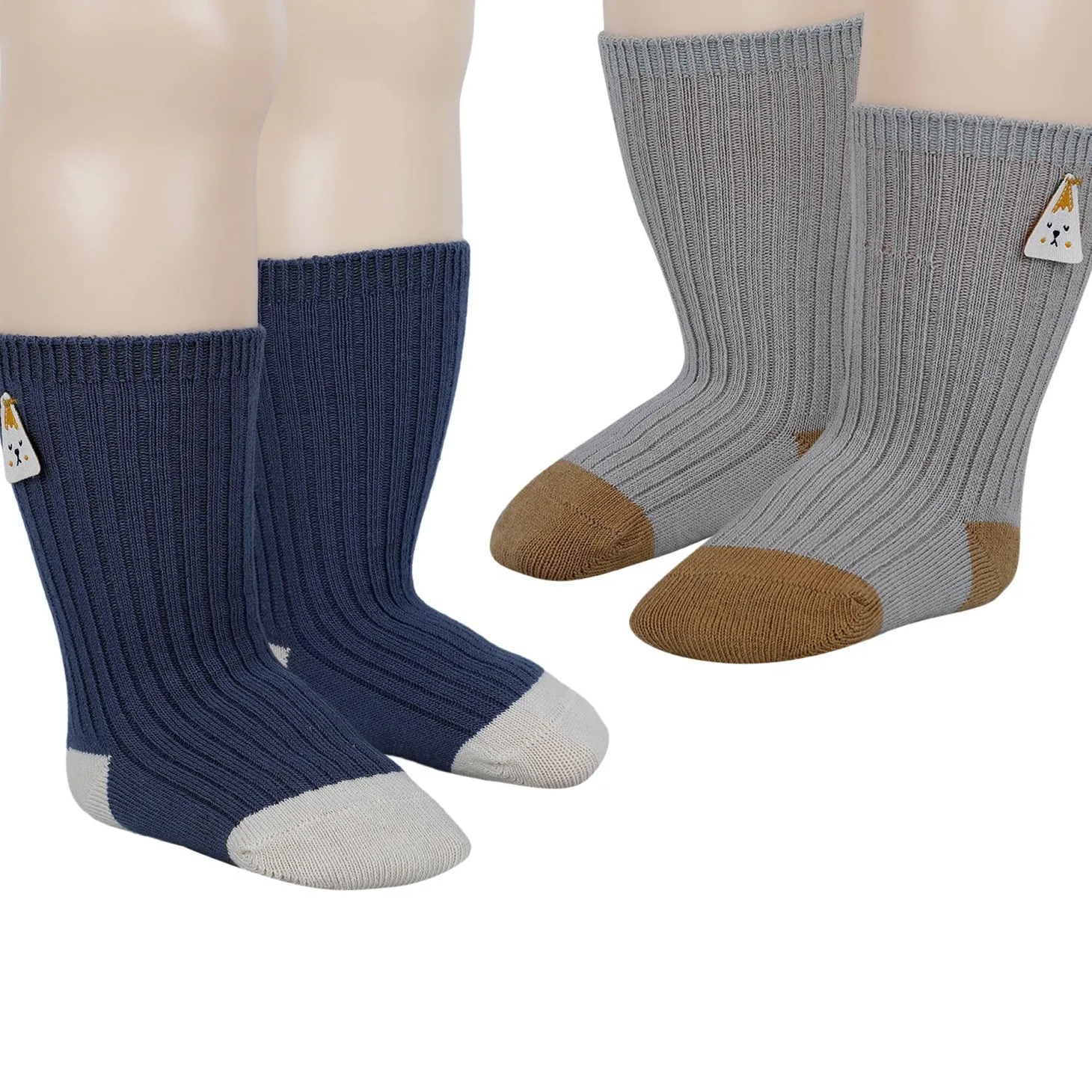 Baby Moo Animal Applique Ribbed Soft Socks Pack of 2 - Grey, Blue