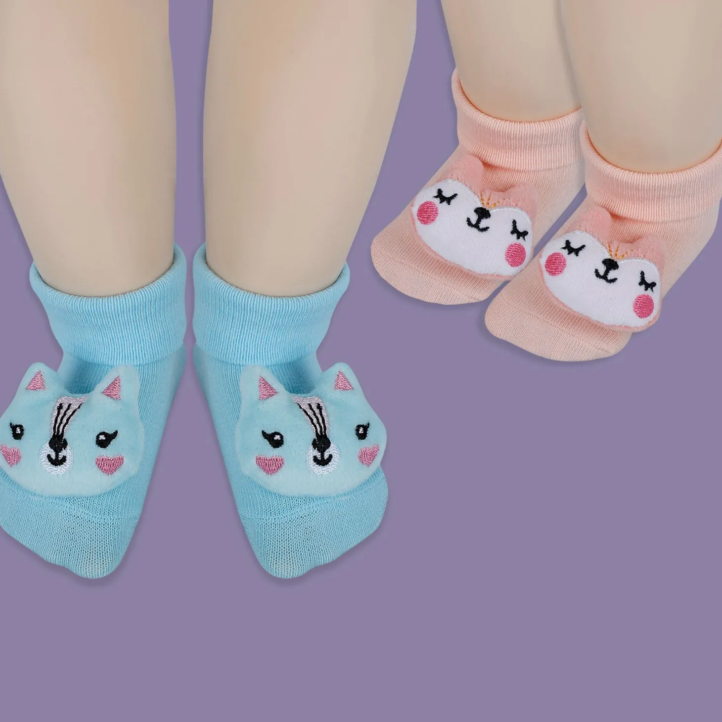 Baby Moo Animal 3D Rattle Anti-Skid Socks Booties Pack of 2 - Blue, Peach