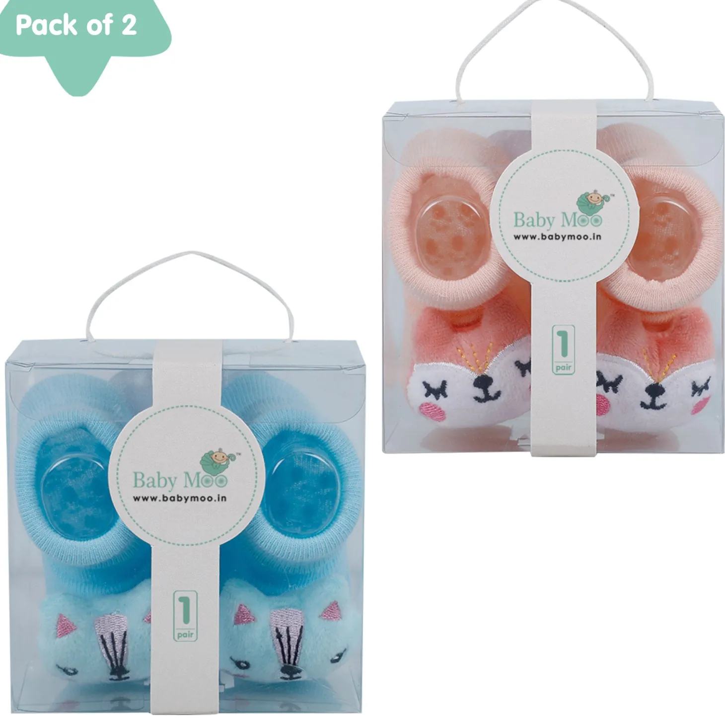 Baby Moo Animal 3D Rattle Anti-Skid Socks Booties Pack of 2 - Blue, Peach
