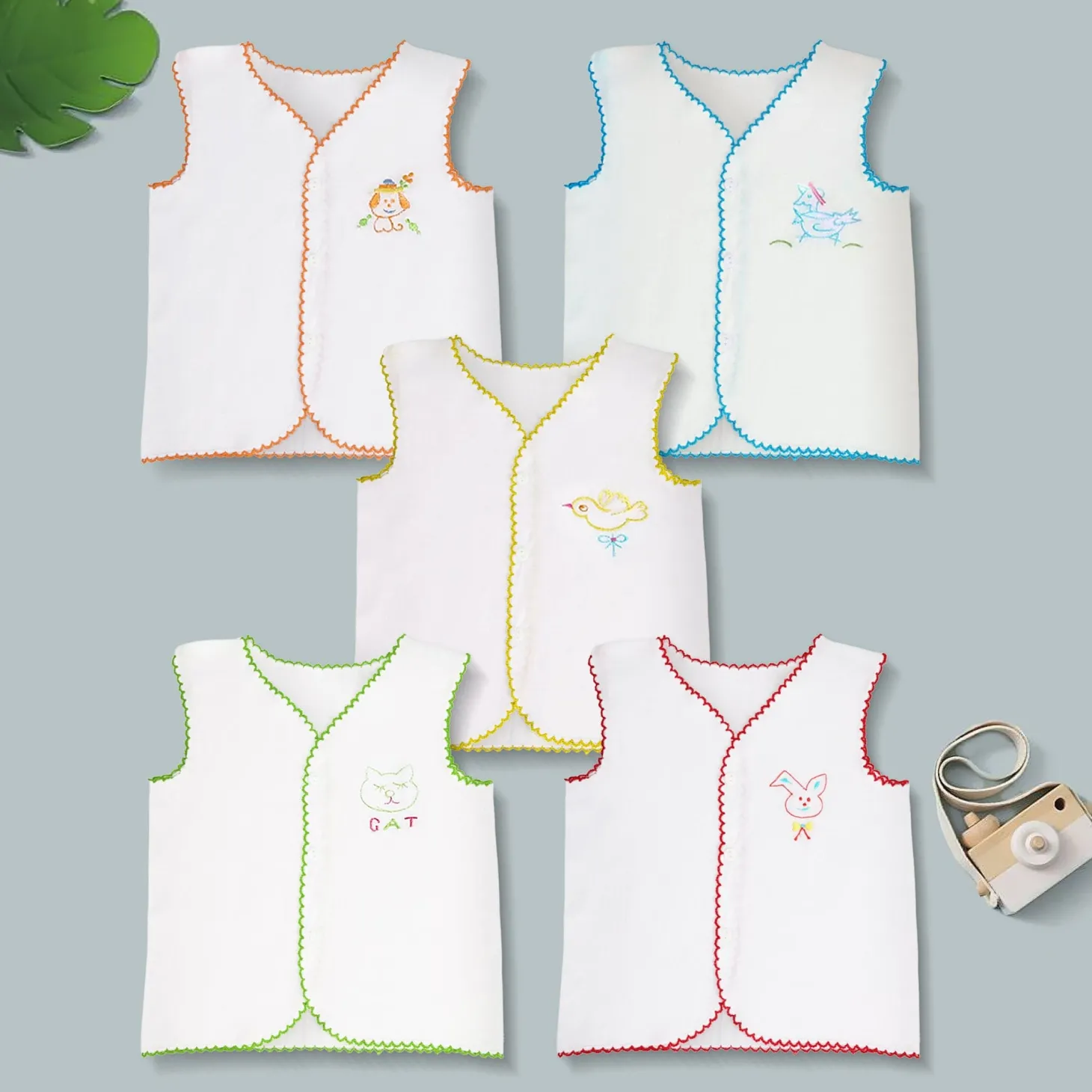 Baby Moo Animal Embroidery V-Neck Sleeveless Front Opening Button Cotton Jhablas 5 Pcs - Multicolour, White