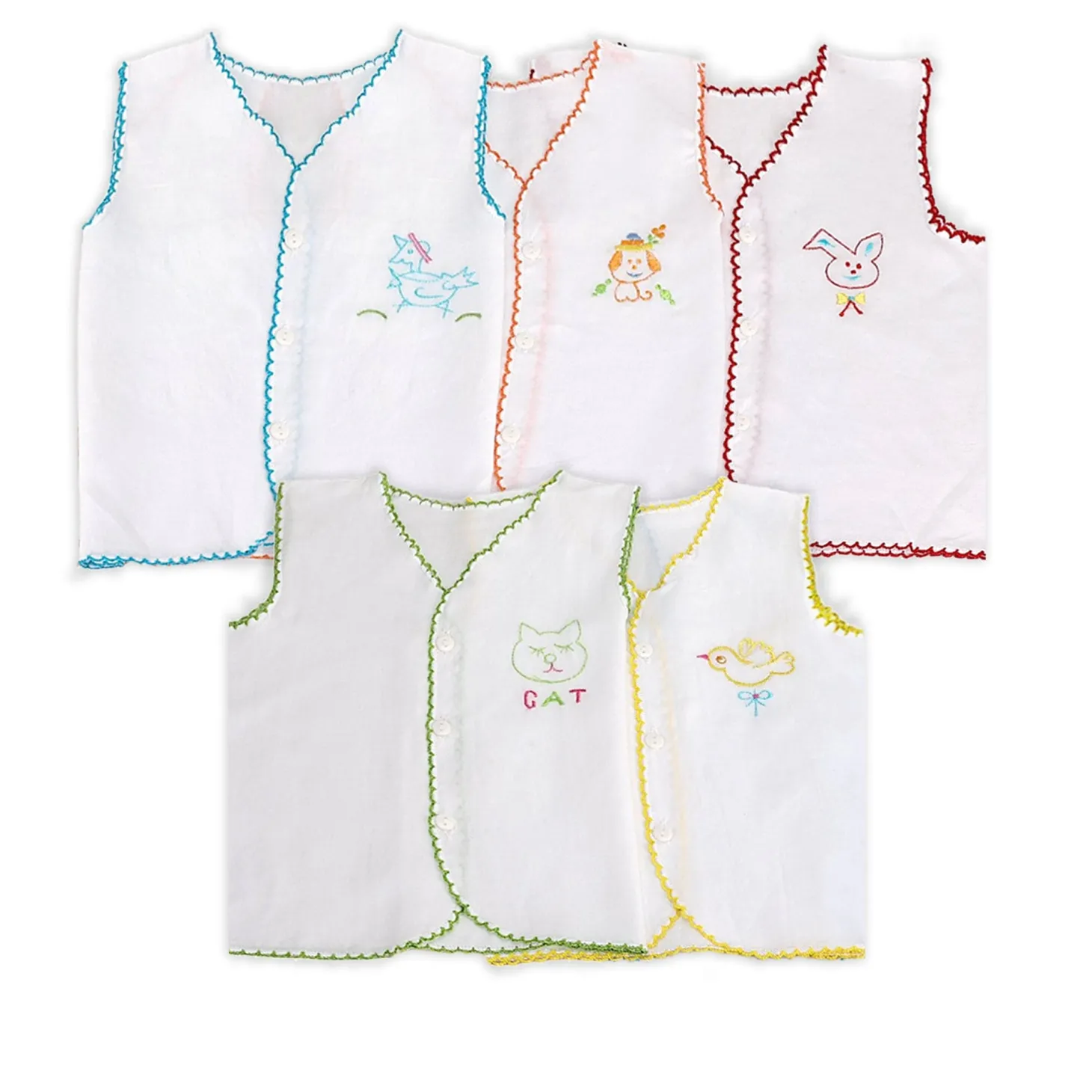 Baby Moo Animal Embroidery V-Neck Sleeveless Front Opening Button Cotton Jhablas 5 Pcs - Multicolour, White