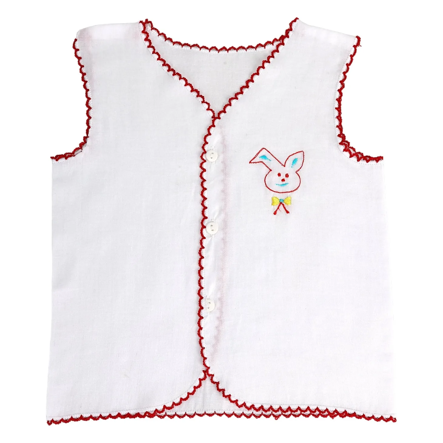 Baby Moo Animal Embroidery V-Neck Sleeveless Front Opening Button Cotton Jhablas 5 Pcs - Multicolour, White