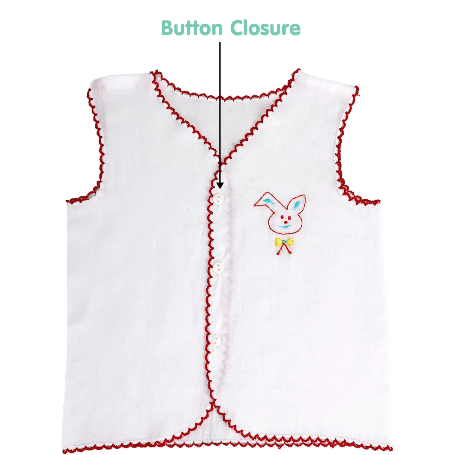 Baby Moo Animal Embroidery V-Neck Sleeveless Front Opening Button Cotton Jhablas 5 Pcs - Multicolour, White