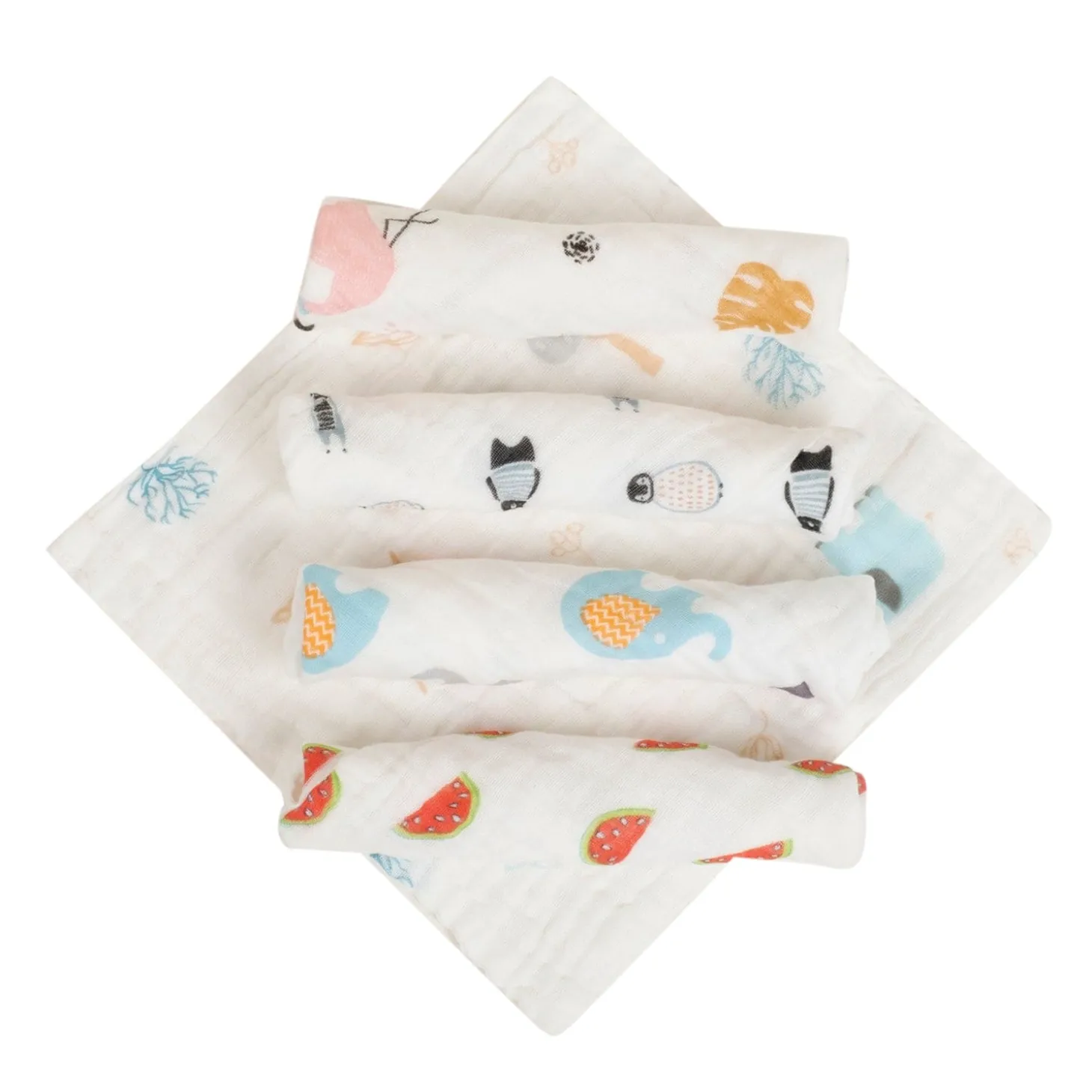 Baby Moo Animal Soft And Absorbent Muslin Napkins Set of 5 Wash Cloth - White