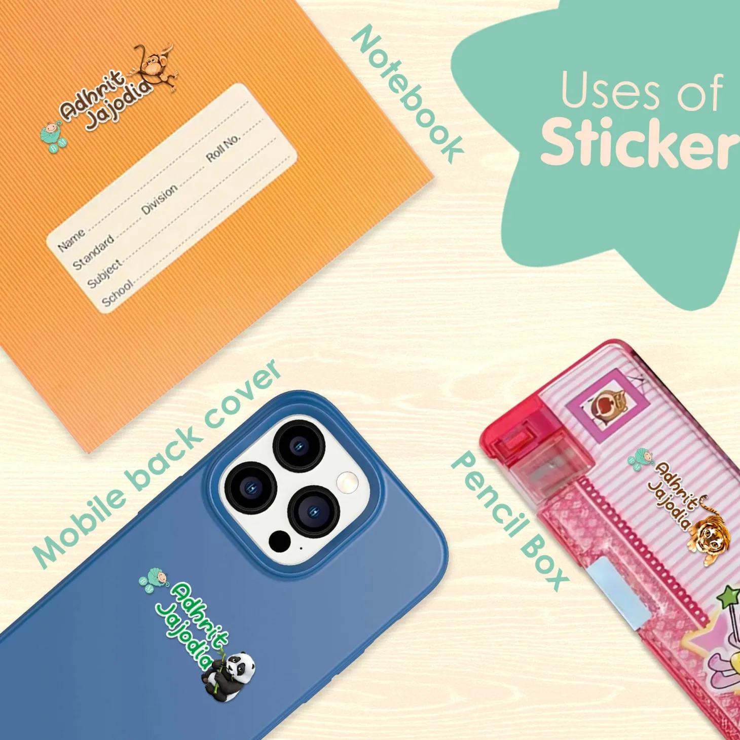 Baby Moo Animals Personalised Name Self Adhesive Transparent Embossed Stickers, 3D Labels 10 Pcs Stationery Set for Children - Multicolour