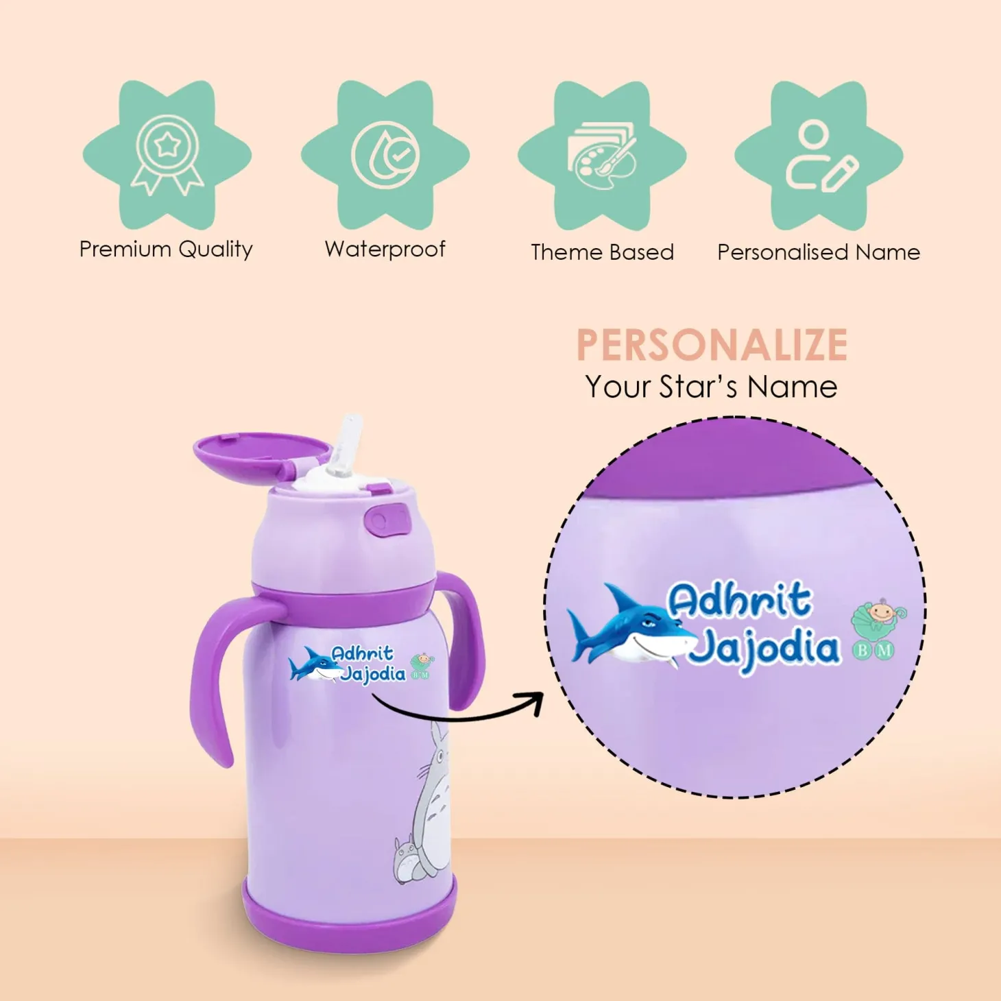 Baby Moo Aqua Personalised Name Self Adhesive Transparent Embossed Stickers, 3D Labels 20 Pcs Stationery Set for Children - Blue