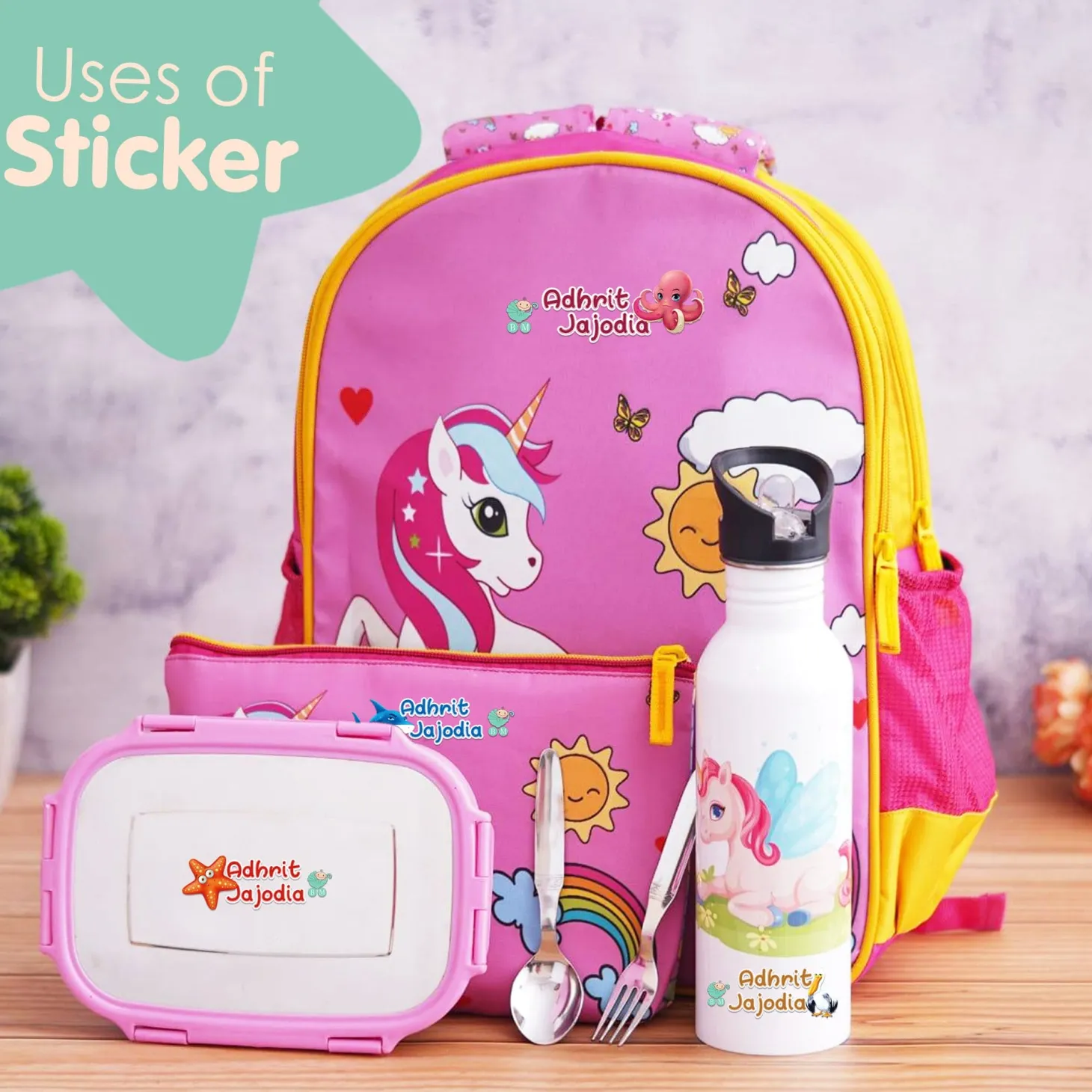 Baby Moo Aqua Personalised Name Self Adhesive Transparent Embossed Stickers, 3D Labels 20 Pcs Stationery Set for Children - Blue