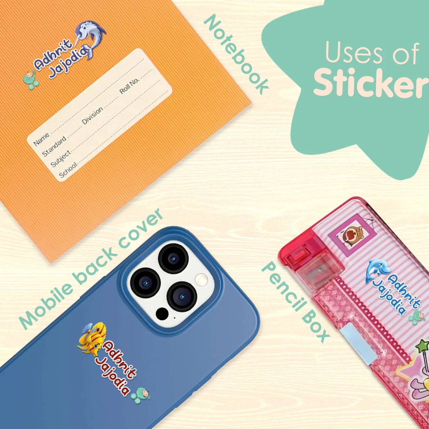 Baby Moo Aqua Personalised Name Self Adhesive Transparent Embossed Stickers, 3D Labels 20 Pcs Stationery Set for Children - Blue