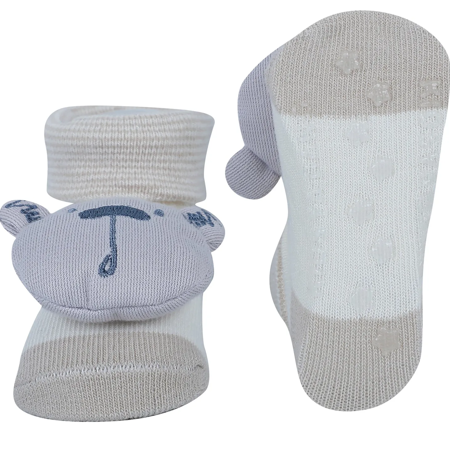 Baby Moo Bear 3D Rattle Anti-Skid Socks Booties Pack of 2 - Beige, Green