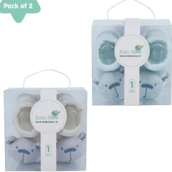 Baby Moo Bear 3D Rattle Anti-Skid Socks Booties Pack of 2 - Beige, Green
