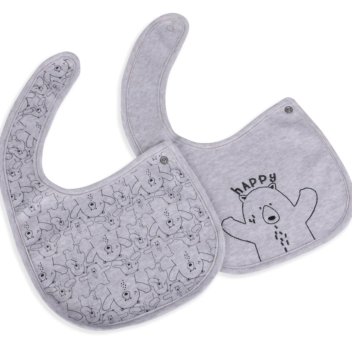 Baby Moo Bear Hug Cotton 2 Pack Buttoned Feeding Bibs - Grey