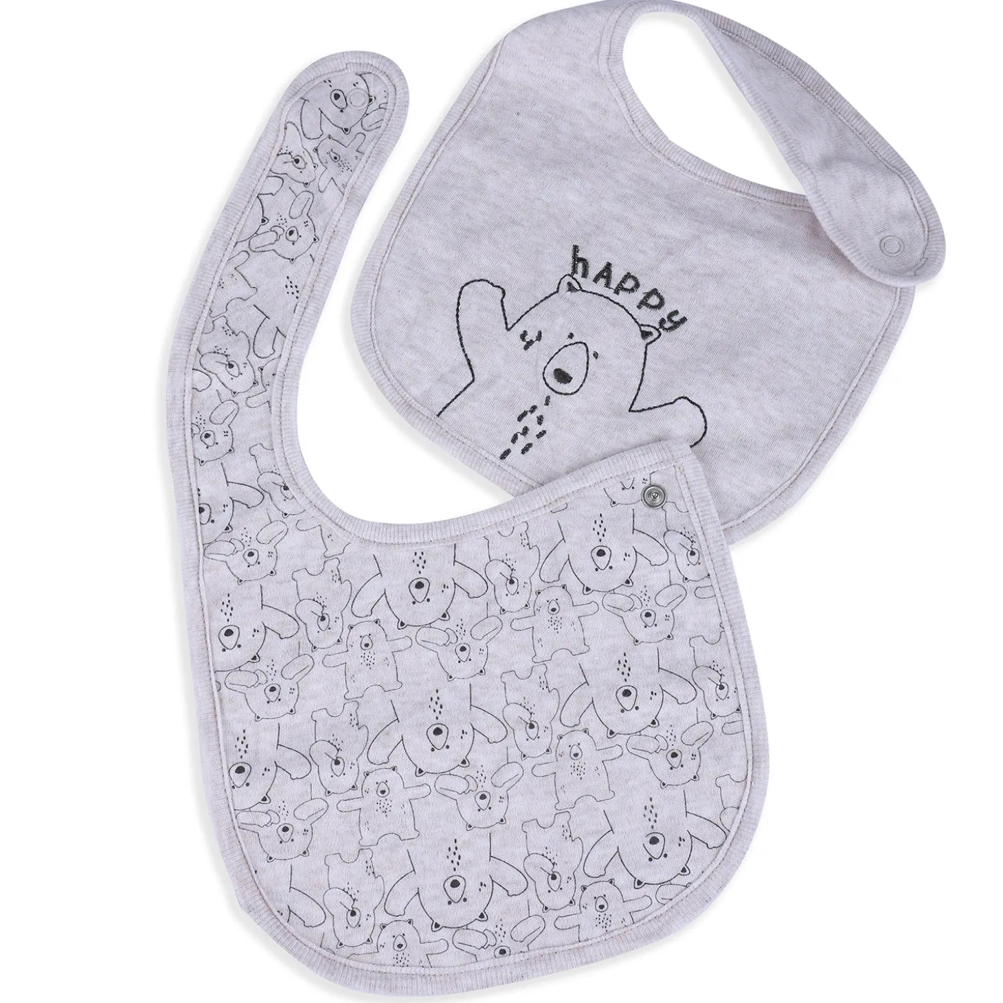 Baby Moo Bear Hug Cotton 2 Pack Buttoned Feeding Bibs - Grey