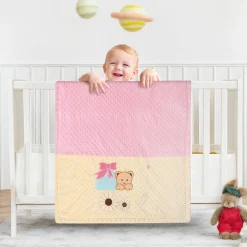 Baby Moo Bear in Pram Plush Cotton All Season Nursery Blanket - Pink