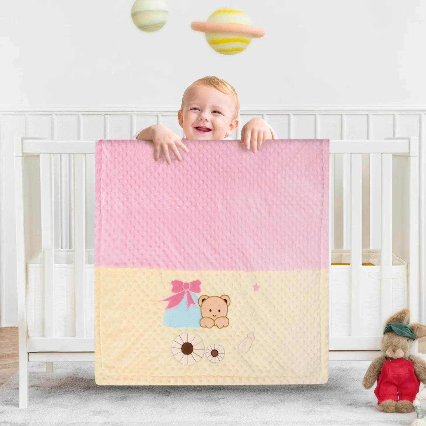 Baby Moo Bear in Pram Plush Cotton All Season Nursery Blanket - Pink