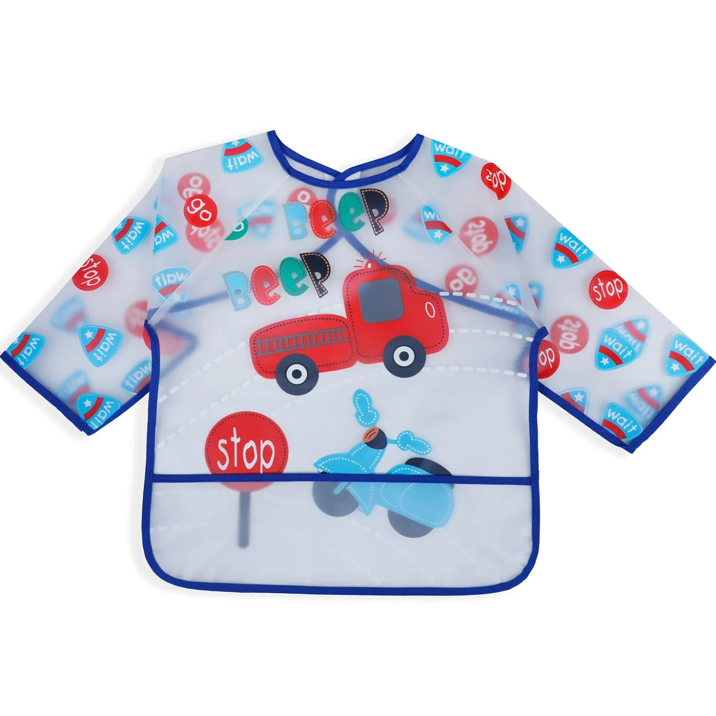 Baby Moo Beep Beep Car Long Sleeves Waterproof Wear Me Bib - Blue