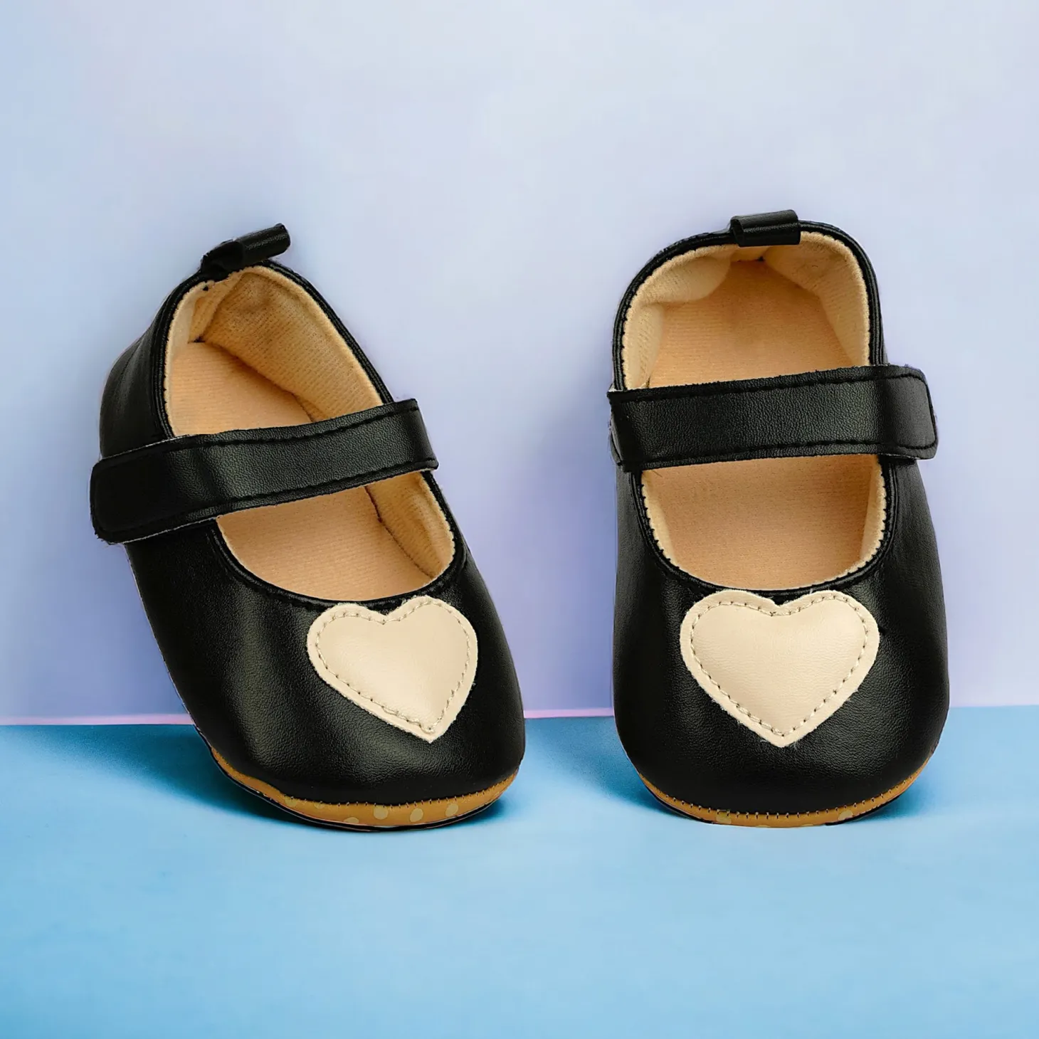 Baby Moo Beige Heart Velcro Strap Anti-Skid Ballerina Booties - Black