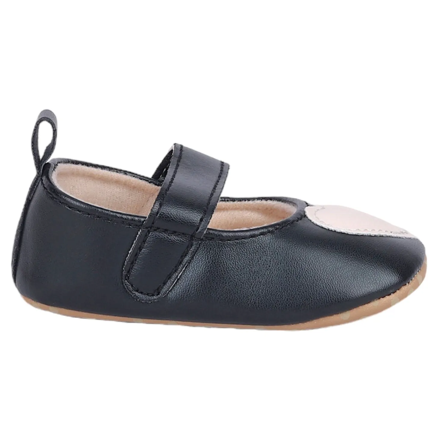 Baby Moo Beige Heart Velcro Strap Anti-Skid Ballerina Booties - Black