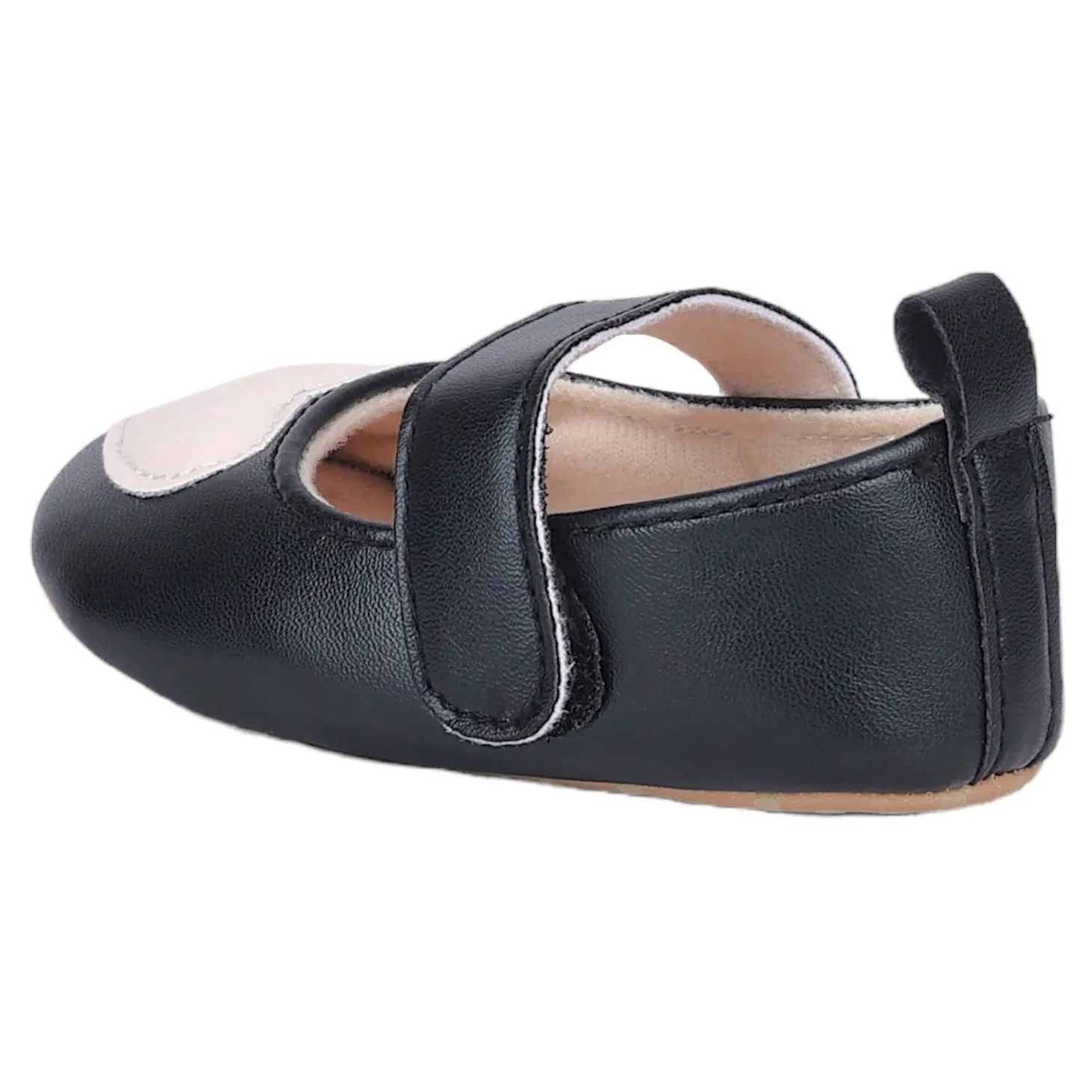 Baby Moo Beige Heart Velcro Strap Anti-Skid Ballerina Booties - Black