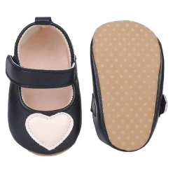 Baby Moo Beige Heart Velcro Strap Anti-Skid Ballerina Booties - Black