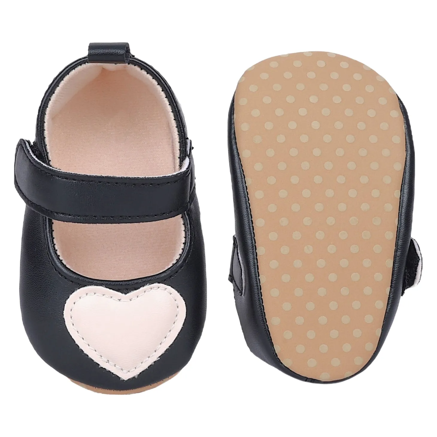 Baby Moo Beige Heart Velcro Strap Anti-Skid Ballerina Booties - Black