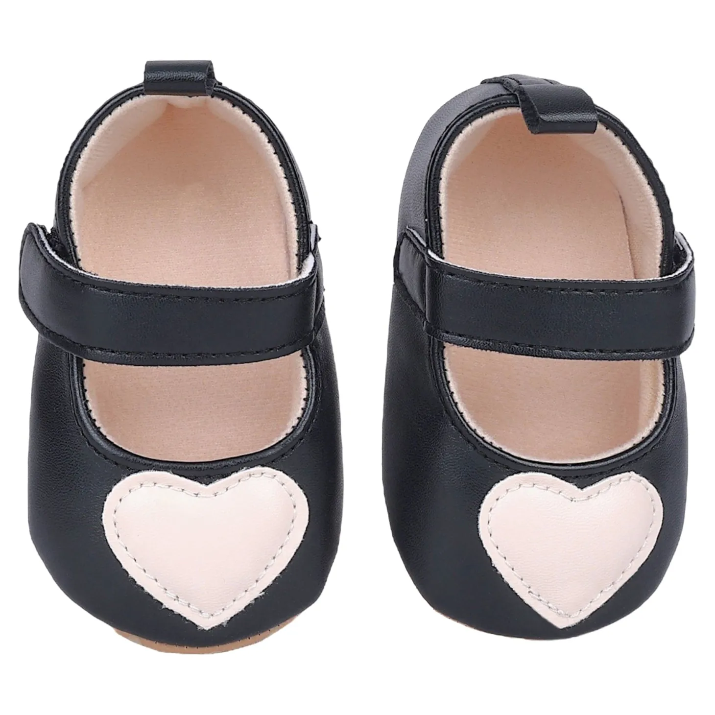 Baby Moo Beige Heart Velcro Strap Anti-Skid Ballerina Booties - Black