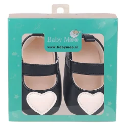 Baby Moo Beige Heart Velcro Strap Anti-Skid Ballerina Booties - Black