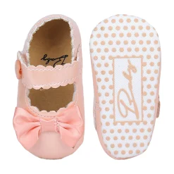 Baby Moo Bow Appplique Velcro Strap Anti-Skid Ballerina Booties - Peach