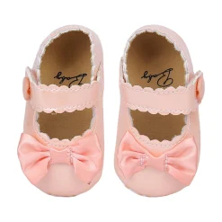 Baby Moo Bow Appplique Velcro Strap Anti-Skid Ballerina Booties - Peach