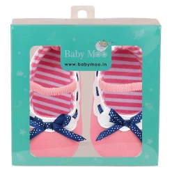 Baby Moo Bow Knot Mary Jane Elastic Strap Anti-Skid Ballerina Booties - Peach