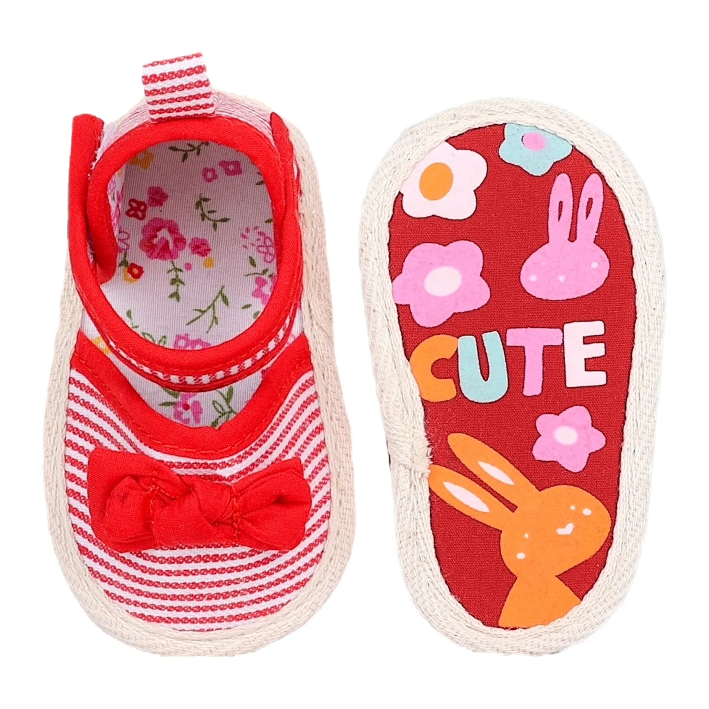 Baby Moo Bow Knot Striped Velcro Straps Anti-Skid Sandals - Red