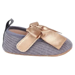 Baby Moo Bow Knot Velcro Strap Ribbed Anti-Skid Ballerina Booties - Grey