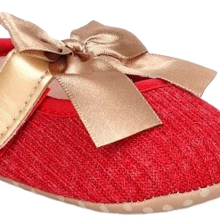 Baby Moo Bow Knot Velcro Strap Ribbed Anti-Skid Ballerina Booties - Red