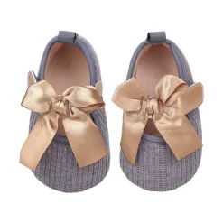 Baby Moo Bow Knot Velcro Strap Ribbed Anti-Skid Ballerina Booties - Grey