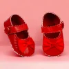 Baby Moo Bow Velcro Strap Patent Leather Anti-Skid Ballerina Booties - Red