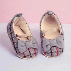 Baby Moo Bow With Elastic Strap Plaid Ballerina Booties - Grey