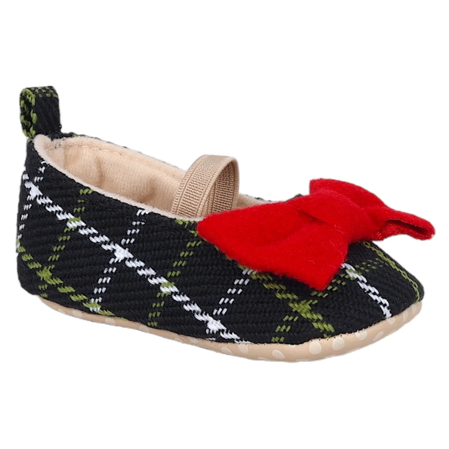 Baby Moo Bow With Elastic Strap Plaid Ballerina Booties - Black