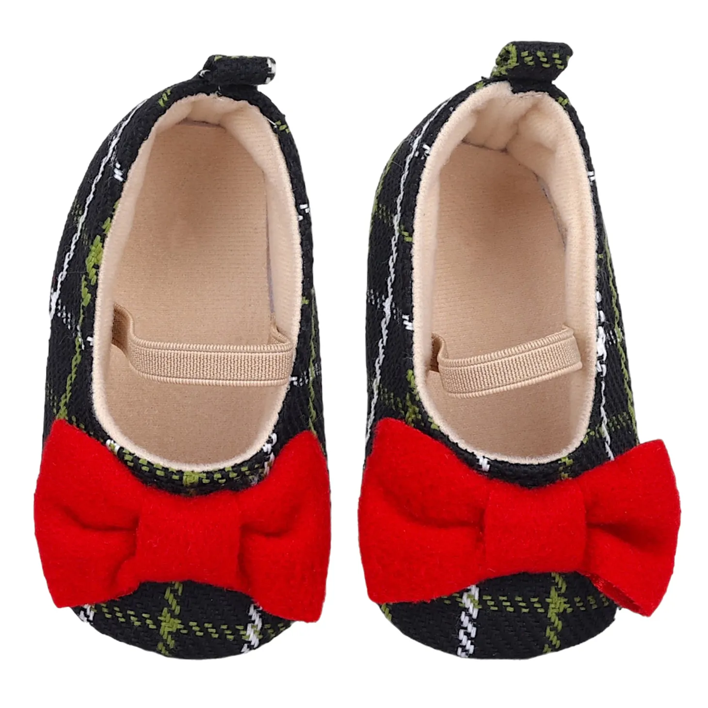 Baby Moo Bow With Elastic Strap Plaid Ballerina Booties - Black