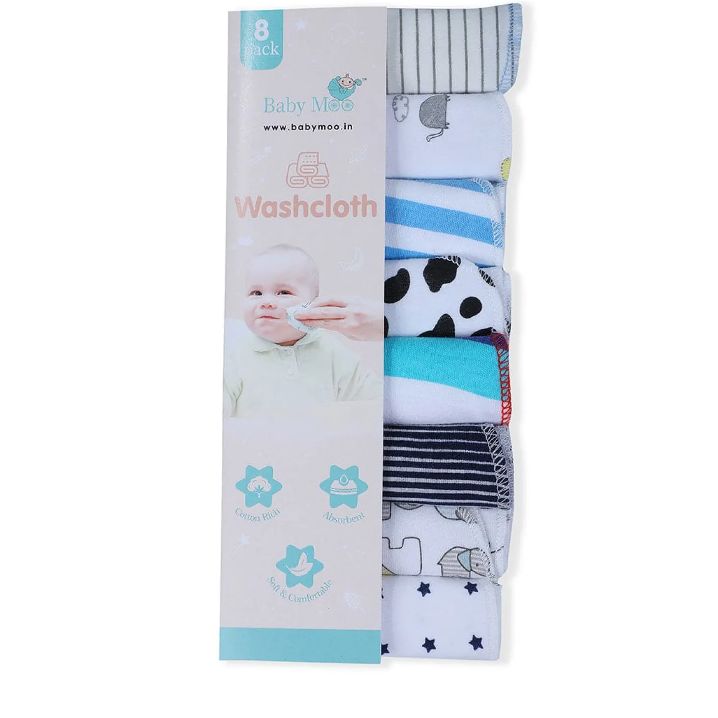 Baby Moo Boys Theme Cotton 20 x 20 cm Soft Hosiery Wash Cloth - Multicolour