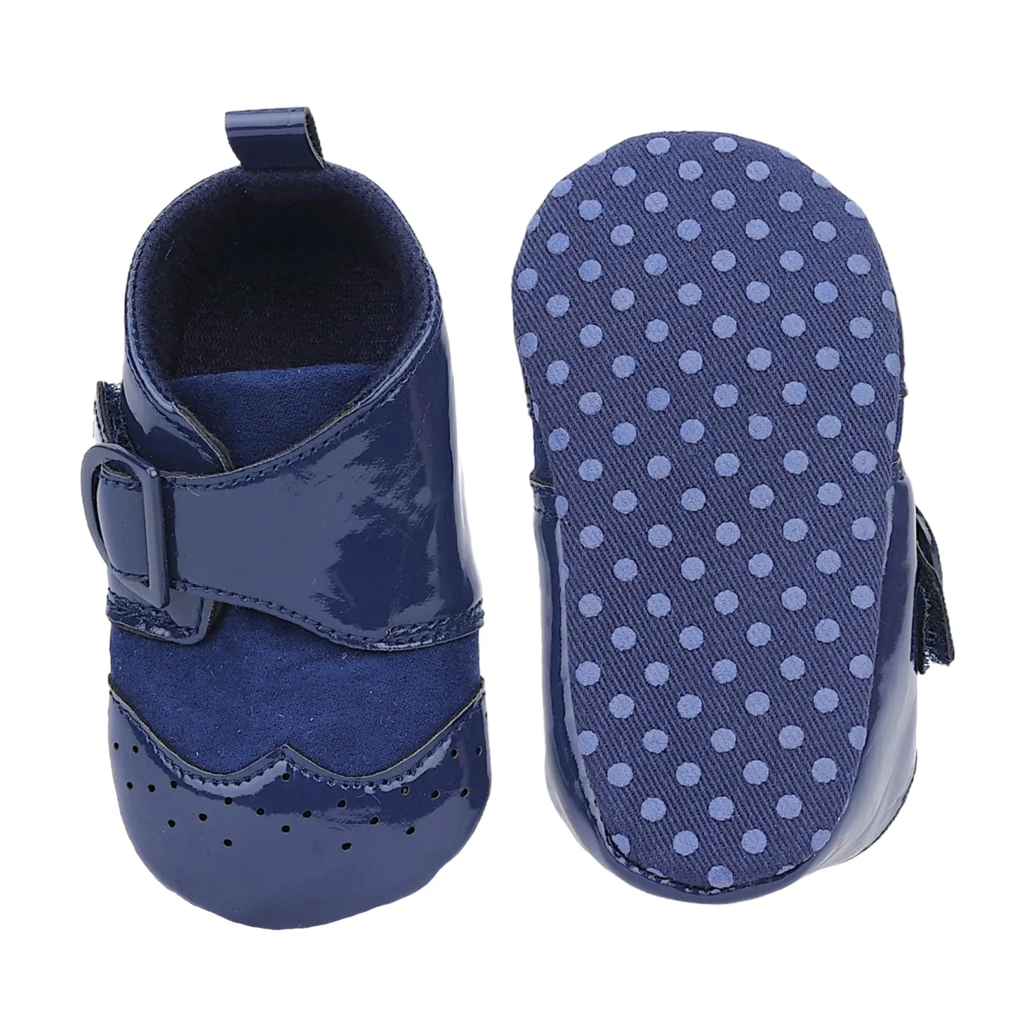 Baby Moo Breathable Buckle Closure Patent Leather Anti-Skid Ballerina Booties - Navy Blue
