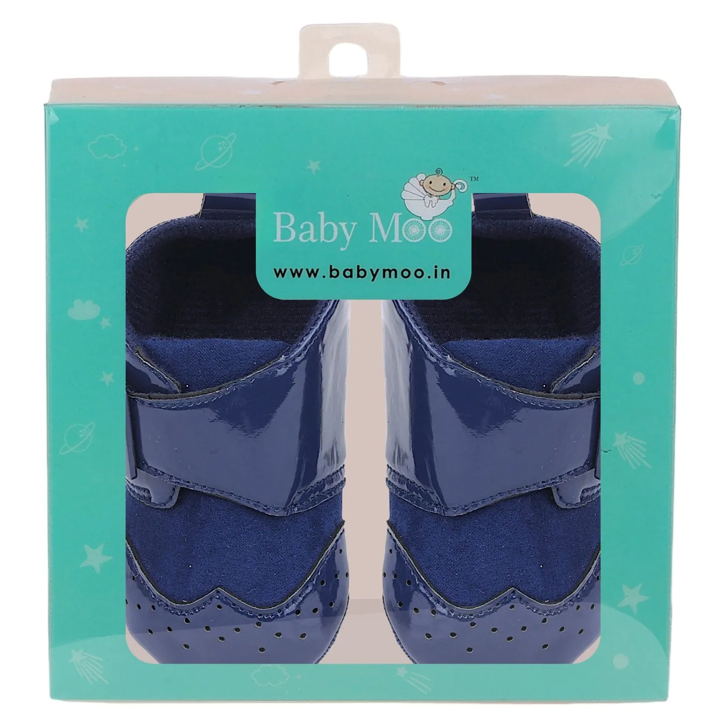 Baby Moo Breathable Buckle Closure Patent Leather Anti-Skid Ballerina Booties - Navy Blue