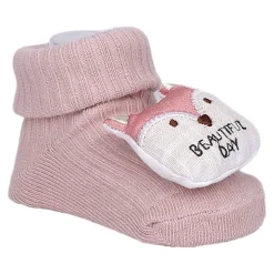 Baby Moo Bunny And Fox 3D Rattle Anti-Skid Socks Booties Pack of 2 - Peach, Rose Gold