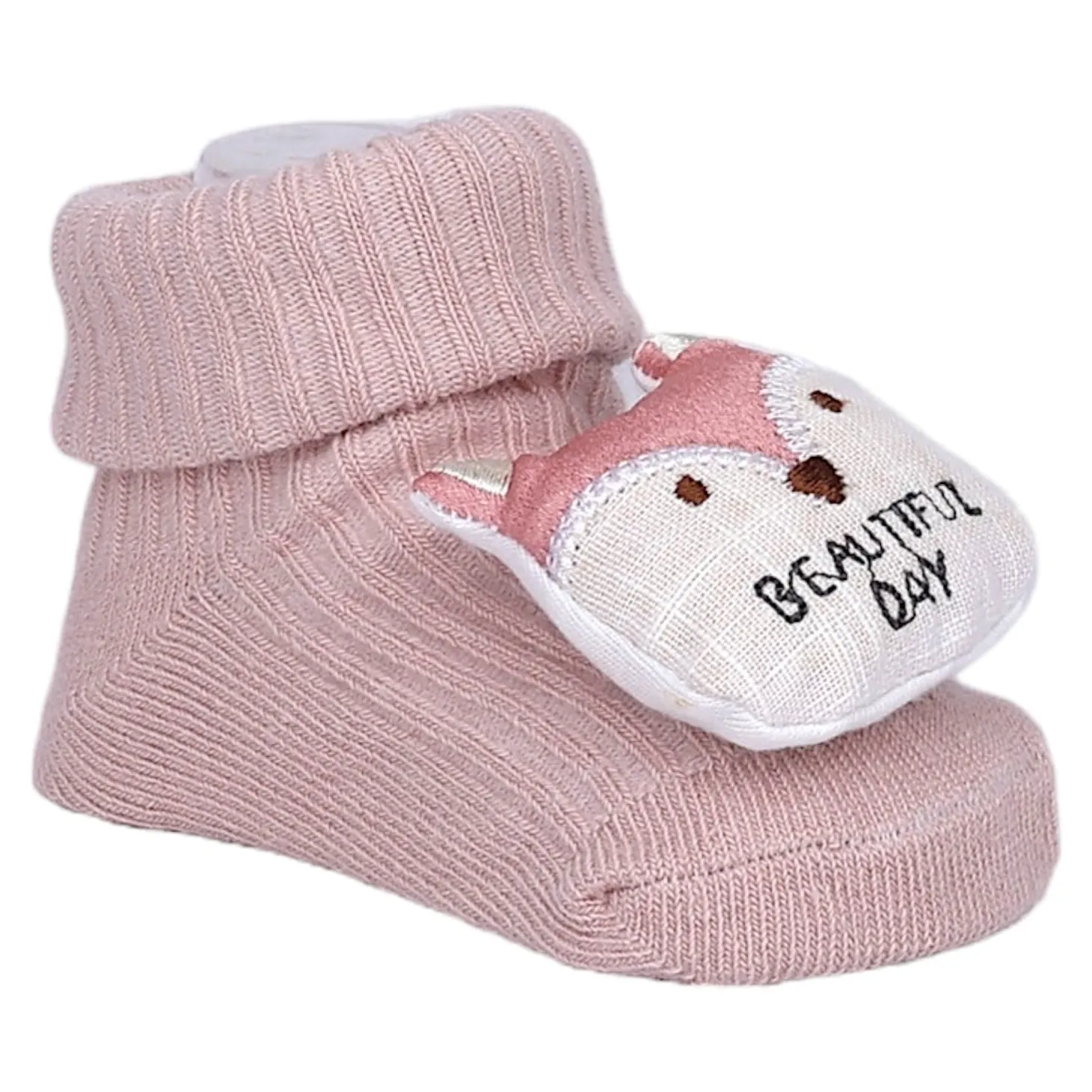 Baby Moo Bunny And Fox 3D Rattle Anti-Skid Socks Booties Pack of 2 - Peach, Rose Gold