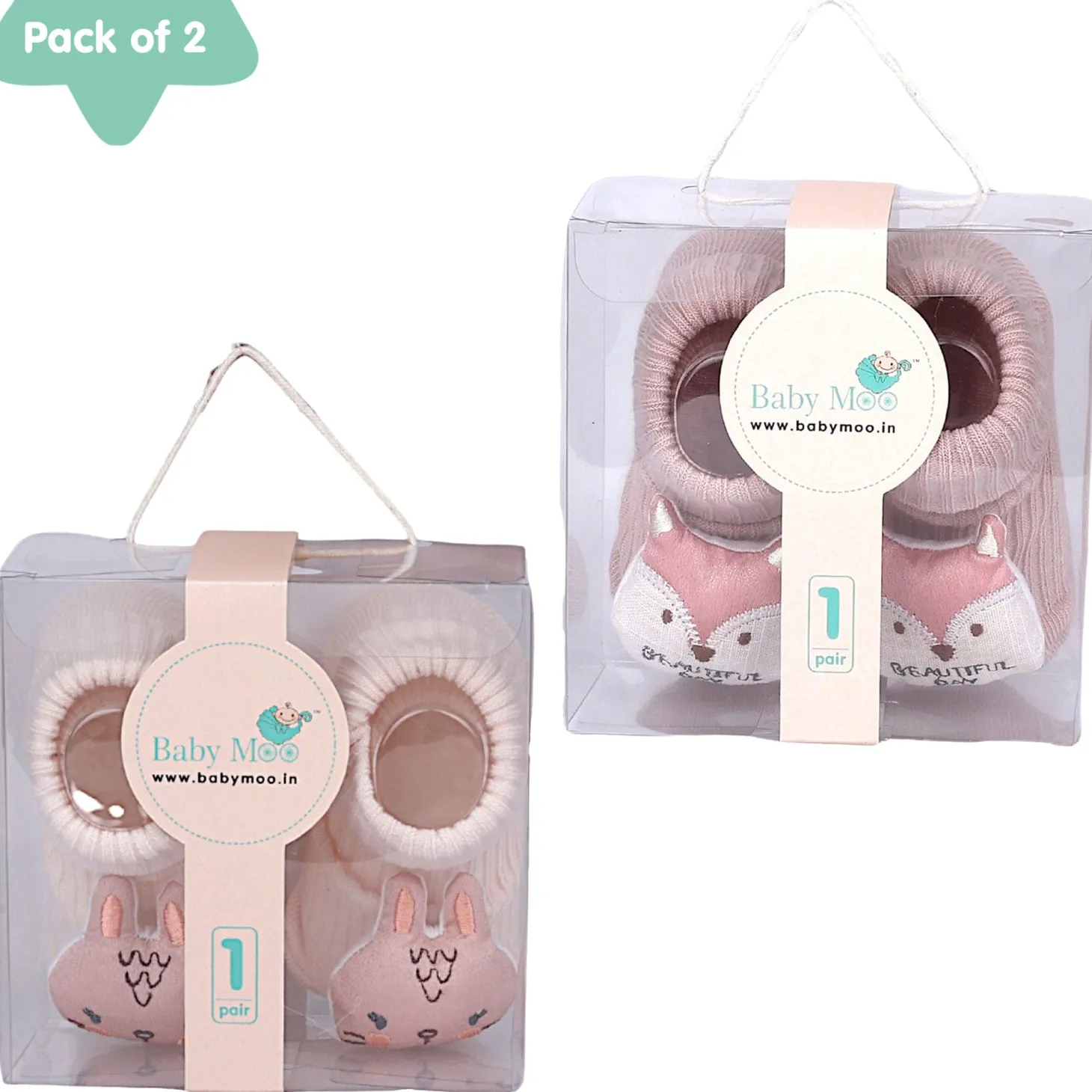 Baby Moo Bunny And Fox 3D Rattle Anti-Skid Socks Booties Pack of 2 - Peach, Rose Gold