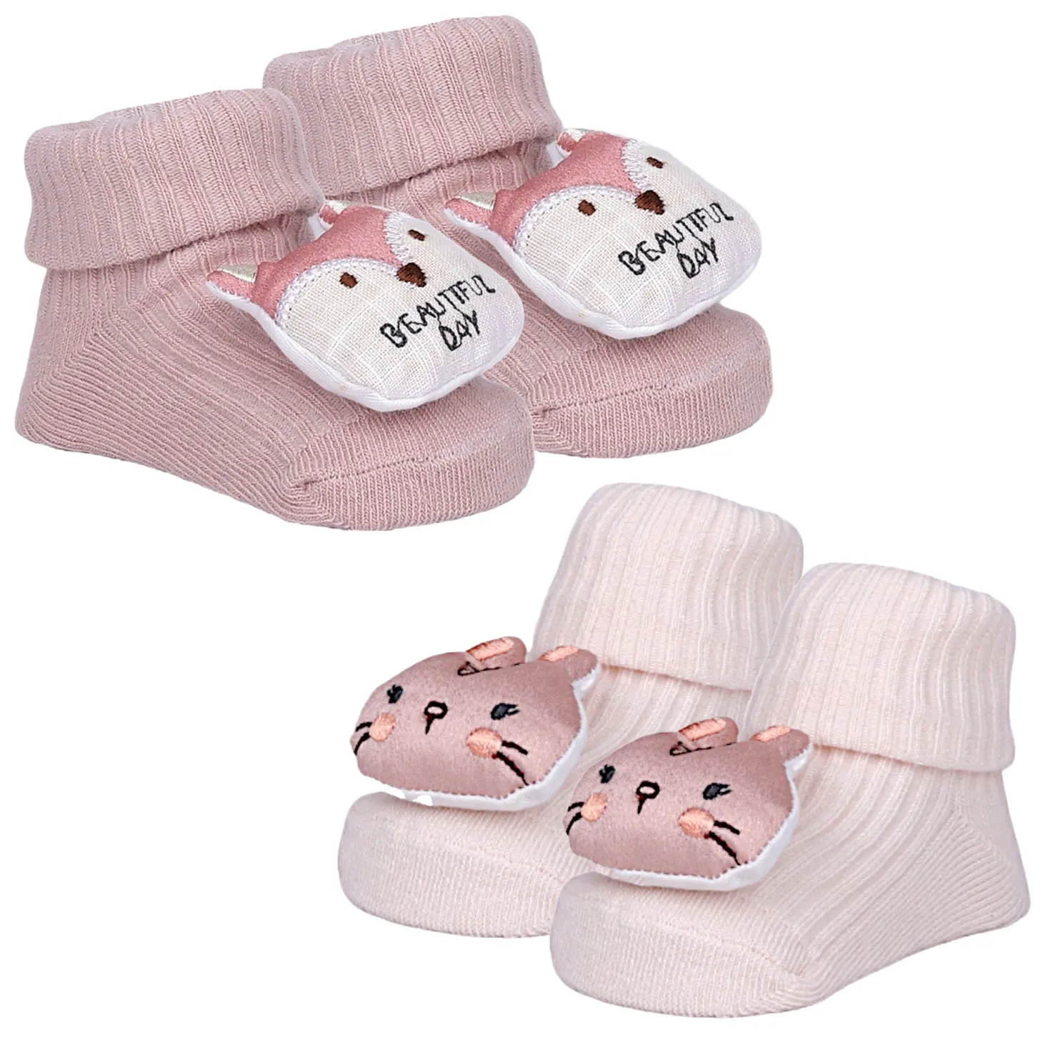 Baby Moo Bunny And Fox 3D Rattle Anti-Skid Socks Booties Pack of 2 - Peach, Rose Gold