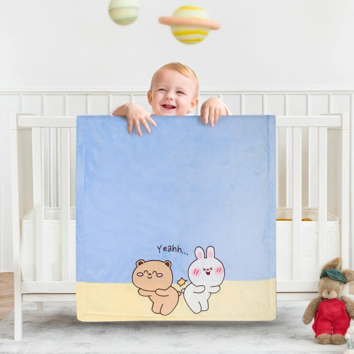 Baby Moo Bunny Bear Friends Plush Cotton All Season Nursery Blanket - Blue