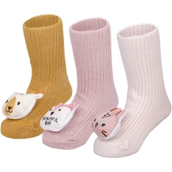 Baby Moo Bunny Fox Bear 3D Rattle Anti-Skid Socks Booties Pack of 3 - Mauve, Mustard